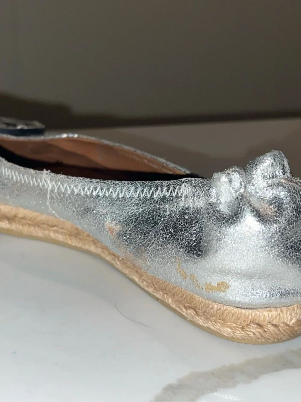 TORY BURCH Silver Metallic Espadrille Ballet Flats